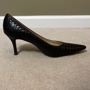 Ann Taylor size 7 pointed toe all leather heel. Dark brown crocodile